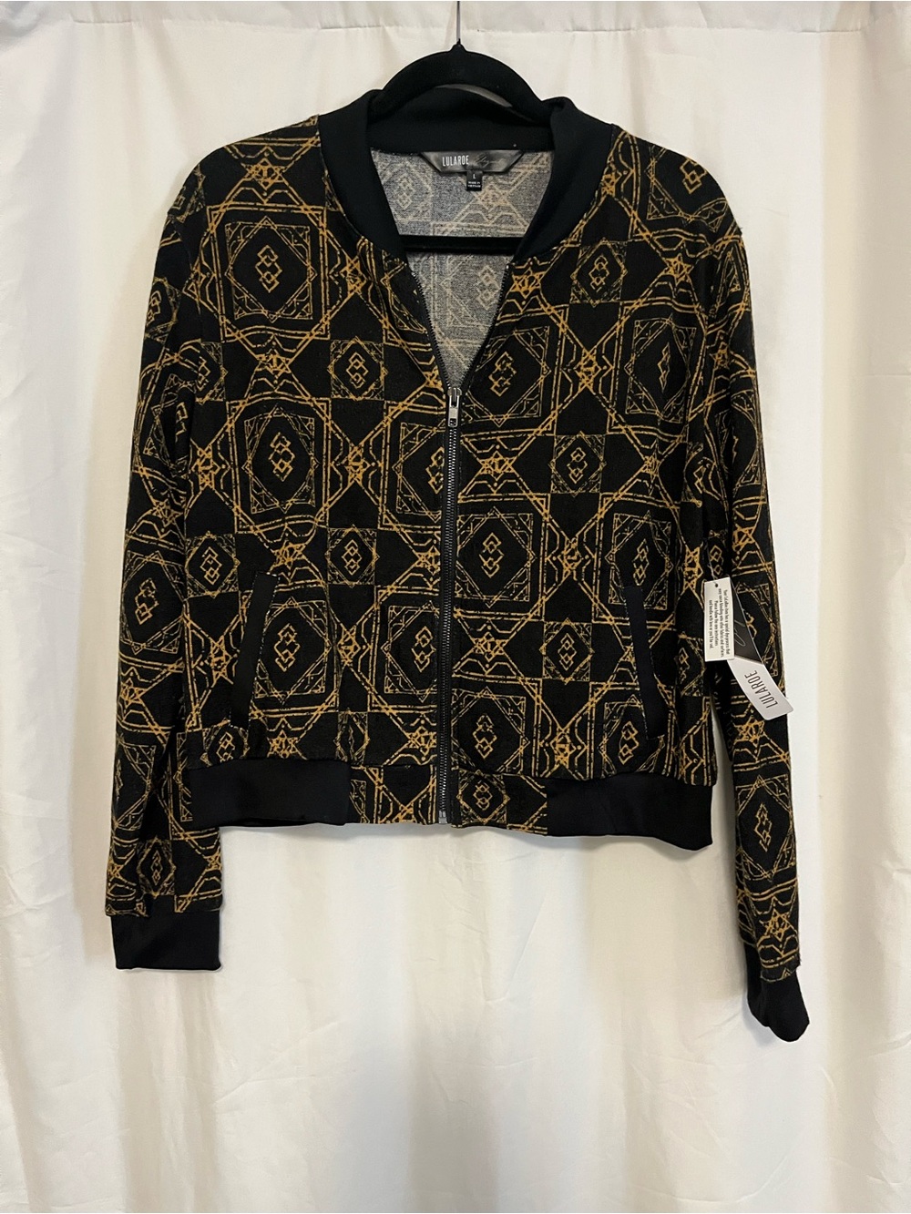 LuLaRoe Black and Gold Patterned Bomber Jacket